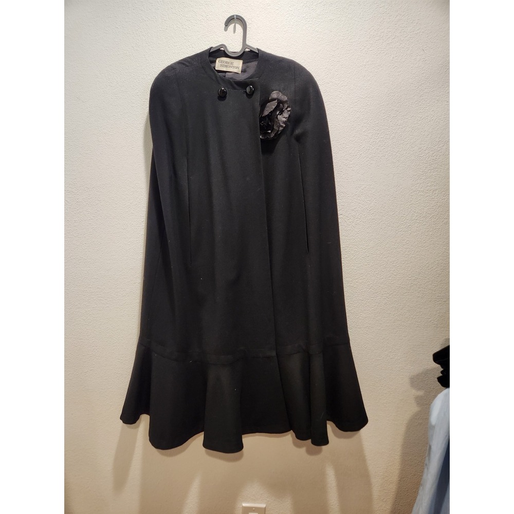 George Simonton Womens Black Ruffle Hem Cape Coat‎ with Rosette Detail